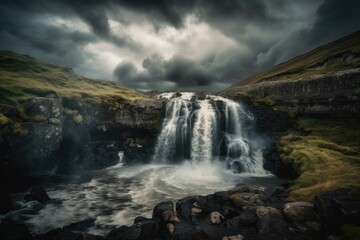 Obraz premium waterfall with dramatic clouds and sky in the background, created with generative ai