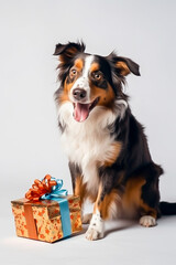 a dog in a birthday hat and gift boxes on a white background in the studio. The concept of the holiday. The image is generated by AI