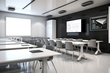 modern classroom, with sleek and minimalist furniture, flat screen monitor to view presentations and project slides, created with generative ai