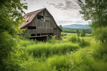 Obraz premium rustic barn, surrounded by lush greenery and wildlife, with view of distant mountain range in the background, created with generative ai