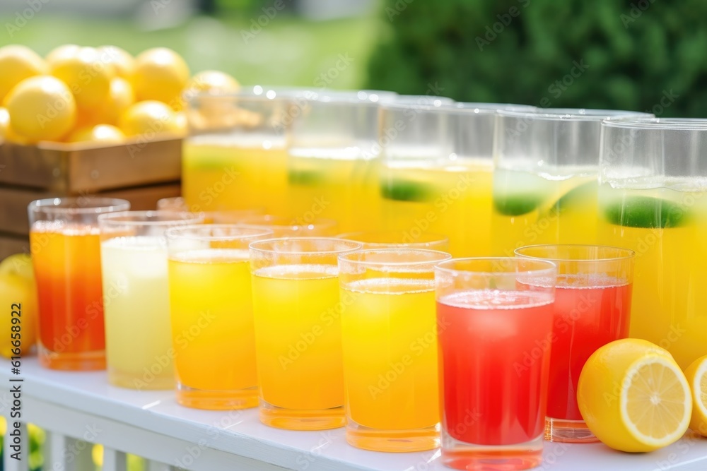 Poster summer lemonade stand, with rows of glasses filled with refreshing drink, created with generative ai