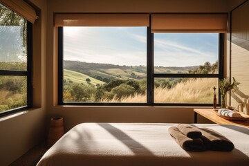 Fototapeta na wymiar private wellness retreat, with view of endless blue sky and rolling hills, created with generative ai