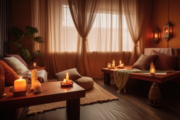 wellness retreat with comfy seating, candlelight and incense for peaceful meditation, created with generative ai