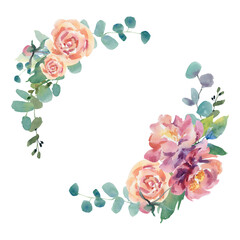 A wreath of flowers. Watercolor illustration. Peonies, roses, anemones, eucalyptus. Beauty and health.