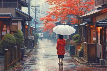 秋の雨の日に日本の古い町並み：AI作品
 - obrazy, fototapety, plakaty