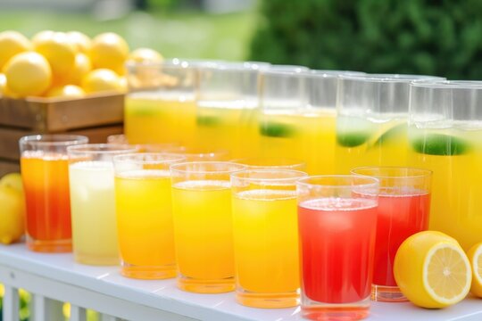 summer lemonade stand, with rows of glasses filled with refreshing drink, created with generative ai