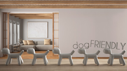 Wooden table top or shelf with line of stylized dogs, dog friendly concept, love for animals, animal dog proof home, wooden japandi living room, copy space, minimal interior design