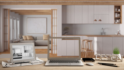 Architect designer desktop concept, laptop and tablet on wooden desk with screen showing interior design project and CAD sketch, japandi kitchen and living room