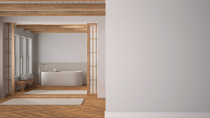 Minimal japandi bathroom with freestanding bathtub on a foreground wall, interior design architecture idea, concept with copy space, blank background