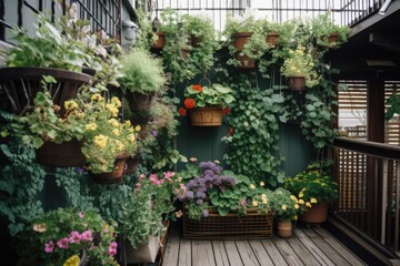 vertical garden with hanging baskets, climbing plants, and vines, created with generative ai