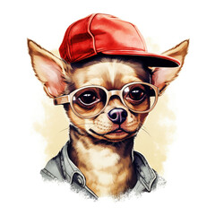 Portrait of dog in a hat and with glasses on a white background. Hipster illustration