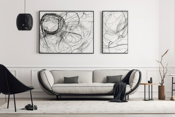 a minimalist, white wall with simple black and gray drawings, created with generative ai