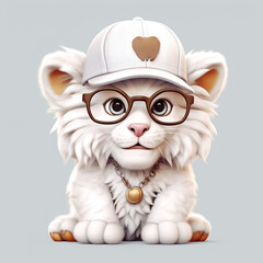 Obraz premium Portrait of little lion cub in a hat and with glasses on a white background. Hipster illustration