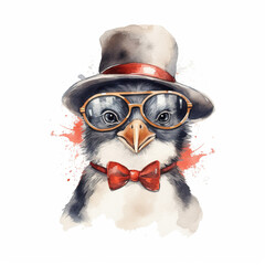 Portrait of penguin in a hat and with glasses on a white background. Hipster illustration