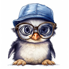 Portrait of penguin in a hat and with glasses on a white background. Hipster illustration