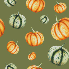 Autumn watercolor isolated seamless pattern with pumpkins white background. Seasonal autumn elements. Thanksgiving, Halloween illustration for designers, scrapbooking