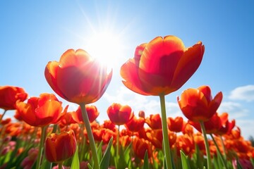 closeup of a bunch of tulips against a sunny sky background, created with generative ai