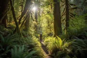Fototapeta premium hiker, wandering through lush forest, with the sun shining through the trees, created with generative ai