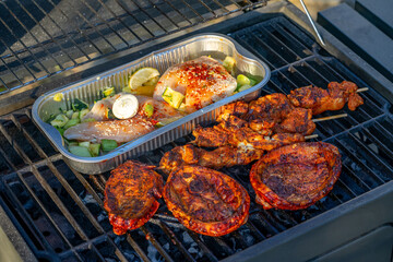 grilled chicken  and fish on the grill