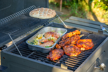 grilled chicken and fish on the grill 01
