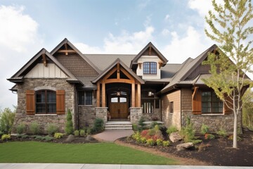 Fototapeta na wymiar craftsman-style home with distressed wood and stone exterior, created with generative ai