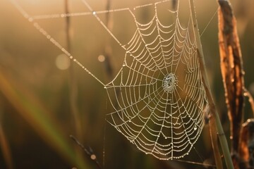 breathtaking macro shot of delicate spider web, with dew drops glistening in the morning light, created with generative ai