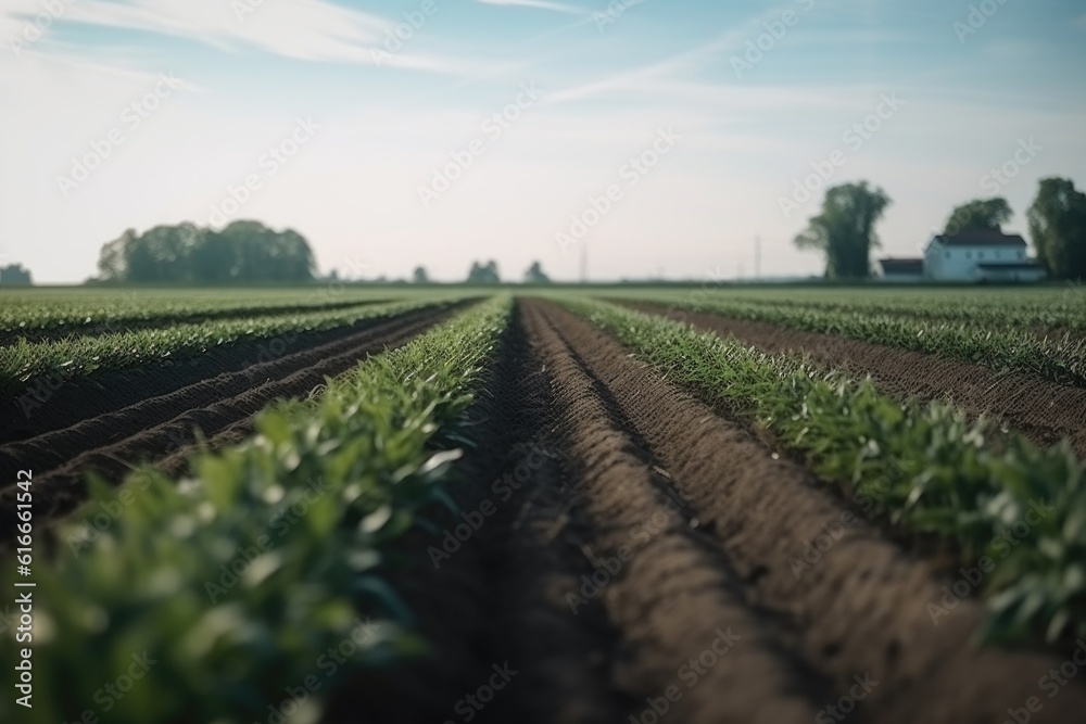 Poster a low angle shot of a crop field on a farm, created with generative ai