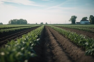 a low angle shot of a crop field on a farm, created with generative ai