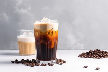 classic iced coffee, with creamy foam and sweetener, on simple white background, created with generative ai