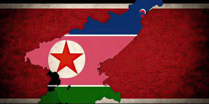 Map of North Korea in North Korea flag colors: A map of North Korea with the colors of the North Korean flag - Generative AI