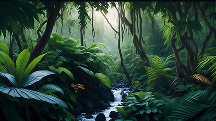 Beautiful tropical waterfall in jungle. 3D rendering. Computer digital drawing. tree, rock, stone, trees, park, travel, natural, rain, spring, fresh, outdoor
