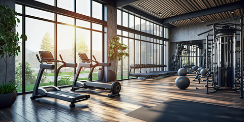 Modern and stylish gym interior with equipment - Generative AI - obrazy, fototapety, plakaty