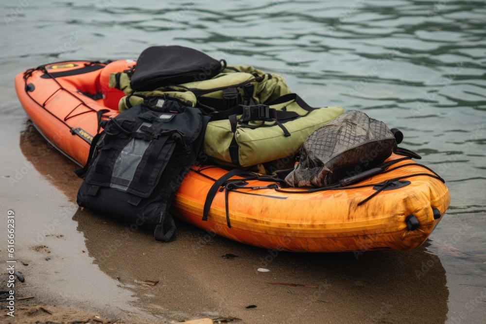 Wall mural combination of watersports gear, including paddle and life jacket, created with generative ai