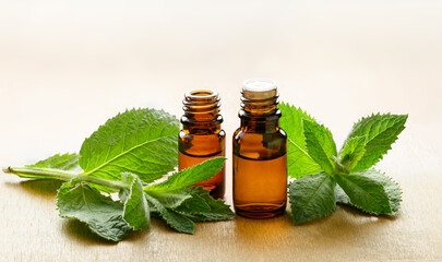 Essential oil in a brown glass jar with fresh mint leaves on wooden table