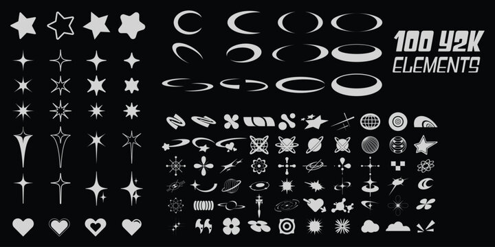 Retro futuristic elements for design. Big collection of abstract graphic geometric symbols and objects in y2k style