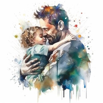 Illustration of a painting of a father and son using colorful watercolors with expressions