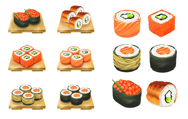Sushi roll set on wooden plate, sliced sushi roll with salmon, oil paint style, digital paint, on white background. Asian food, japanese food, casual food hand drawn digital illustration