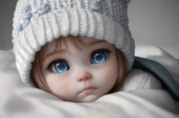 A newborn baby is resting in a crib. Generative AI.