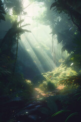 Fototapeta premium Close-up forest scenery in the rainforest, illuminated by morning light during breakfast