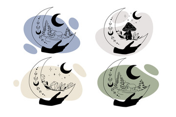 Winter mystical moon collection with colored shapes on white background. Vector illustration