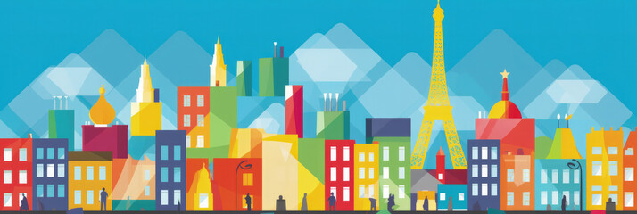 Paris city panorama, urban landscape with modern buildings. Business travel and travelling of landmarks. Illustration, web background. Skyscraper silhouette. France - Generative AI