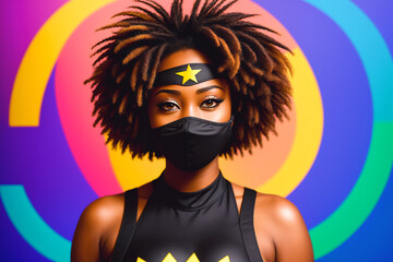 Female african american superhero. Portrait of black woman n fantastic costume and a super hero mask. Generative AI.
