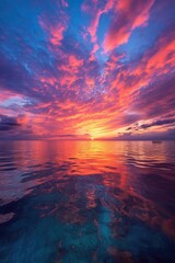 Fototapeta na wymiar vibrant sunset over a calm ocean horizon, created with generative ai
