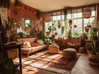 Fototapeta na wymiar Retro green plant decoration home living room interior