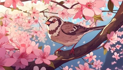 A cute sparrow perches on a cherry blossom branch. (Illustration, Generative AI)