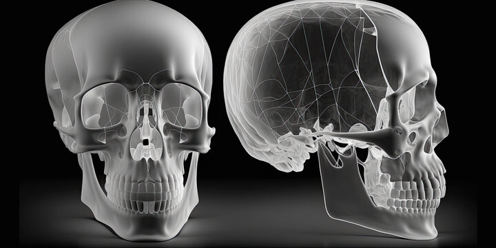 A radiograph or X-ray image of a human skull, showing both front and lateral views - Generative AI