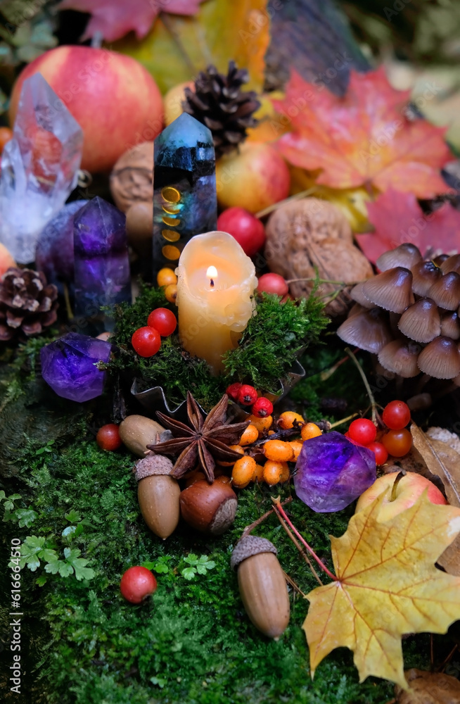 Wall mural Candle, crystals, autumn leaves, fruits, berries, nuts on moss close up, natural background. Wiccan altar for Mabon sabbat. autumn equinox holiday. Witchcraft, esoteric spiritual ritual. top view