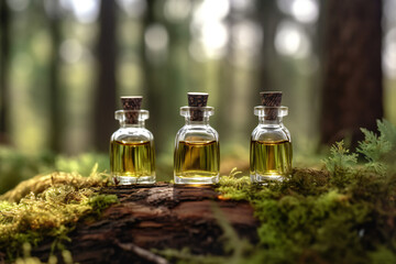 Obraz na płótnie Canvas Three bottles of different essential oils. 3D illustration digital art design, generative AI