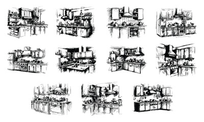 Kitchen set furniture interior sketch hand drawing style illustration