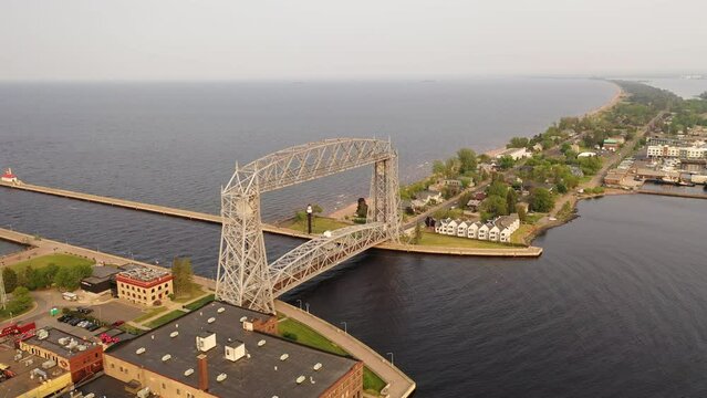 Aerial Lift Bridge in Duluth, Minnesota, United States. Cityscape, skyline. Spring Summer, sunset